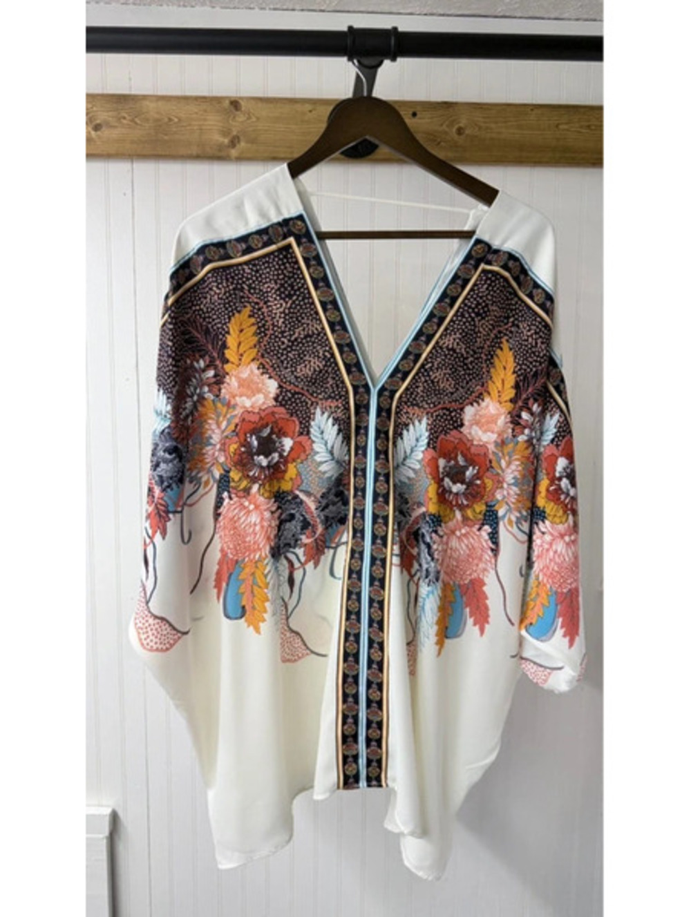 cream Rose + Olive Floral V-Neck Dolman Sleeve Kimono Blouse 2xl festival fall
